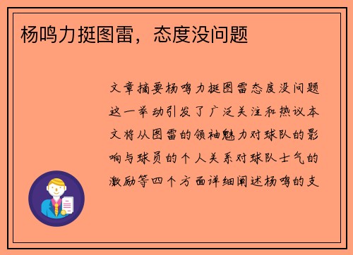 杨鸣力挺图雷，态度没问题